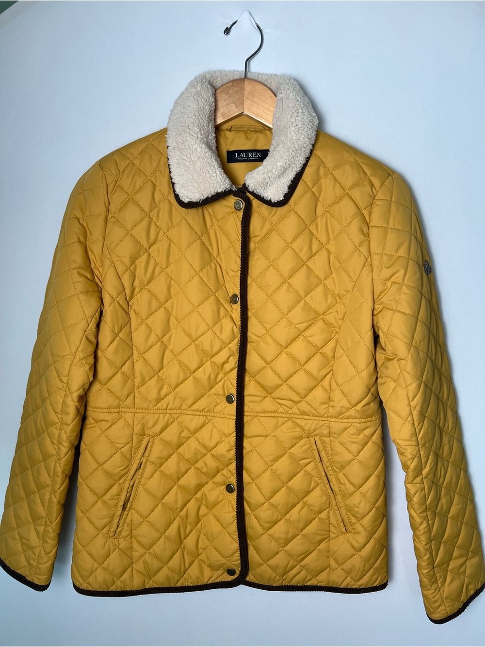 Ralph Lauren Faux Shearling Trim Quilted Puffer Barn Jacket Yellow Equestrian S